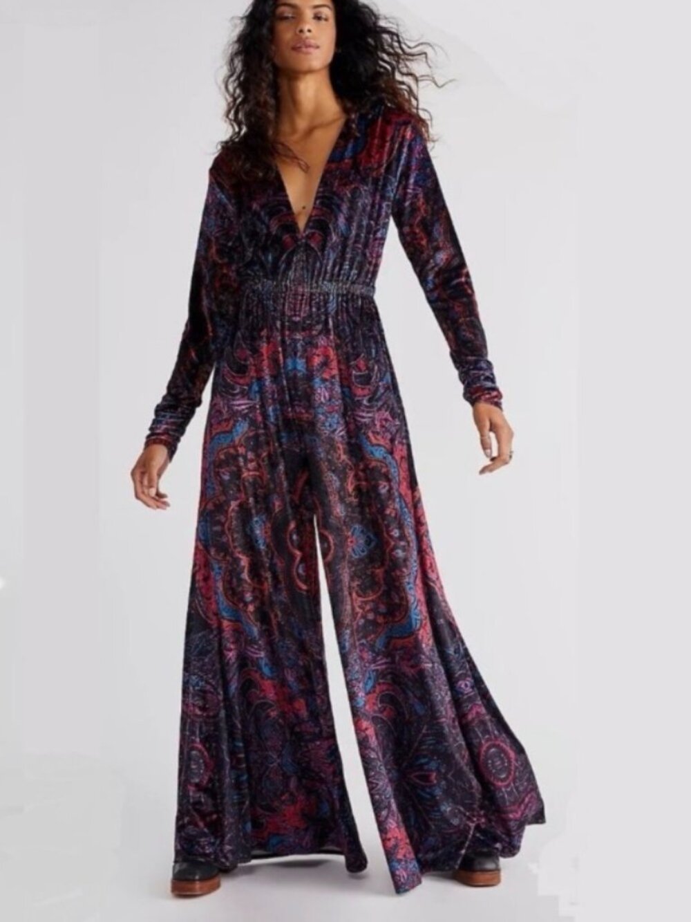 Free People Giselle Velvet Jumpsuit Paisley Wide Leg Plunging V-Neck - Large